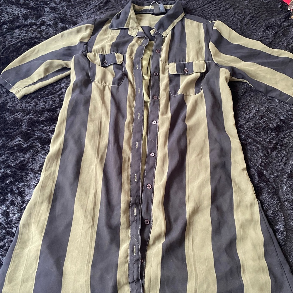 Olive & black striped Button down collar dress.